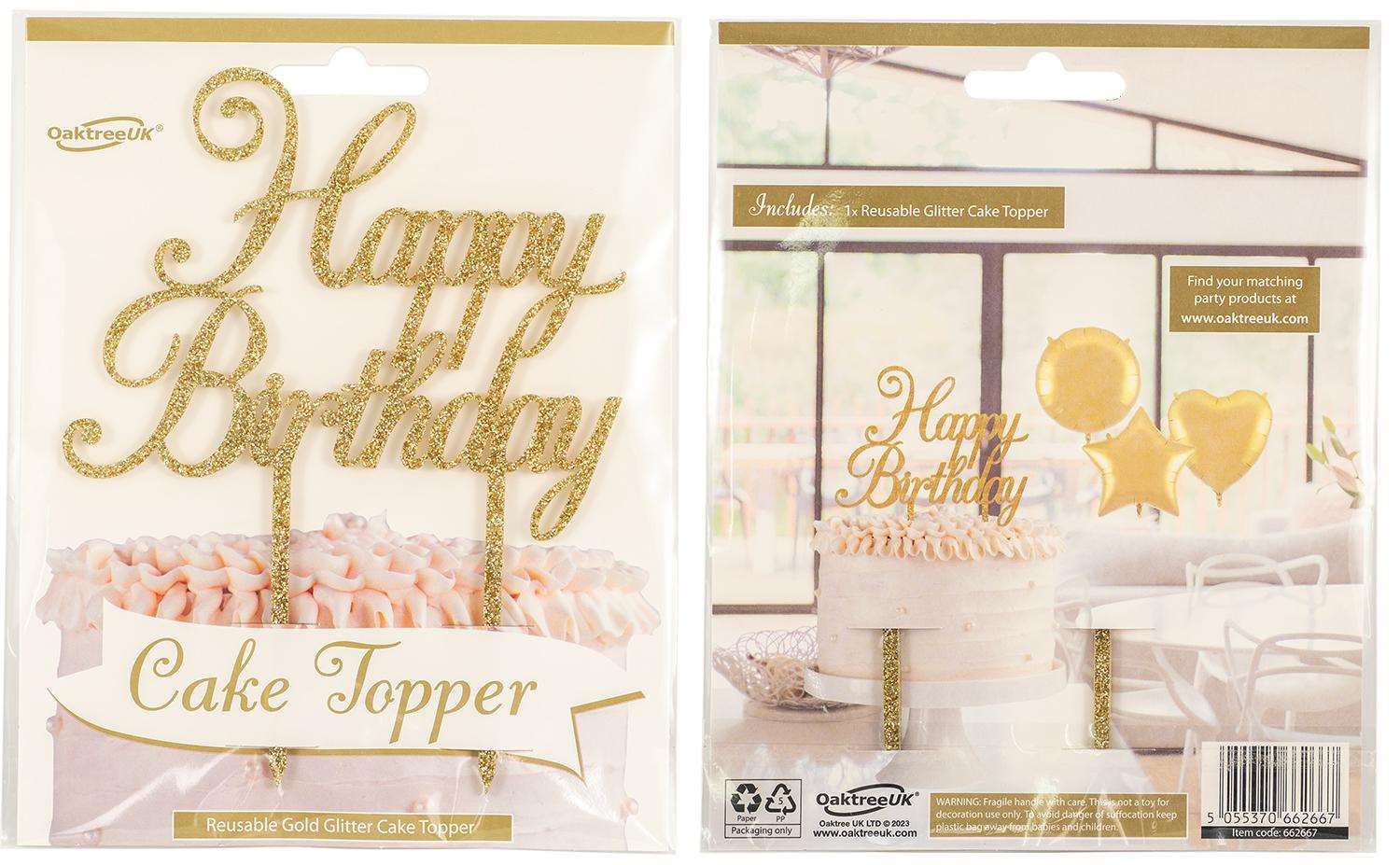 Acrylic Sparkling Fizz Gold Cake Topper Happy Birthday
