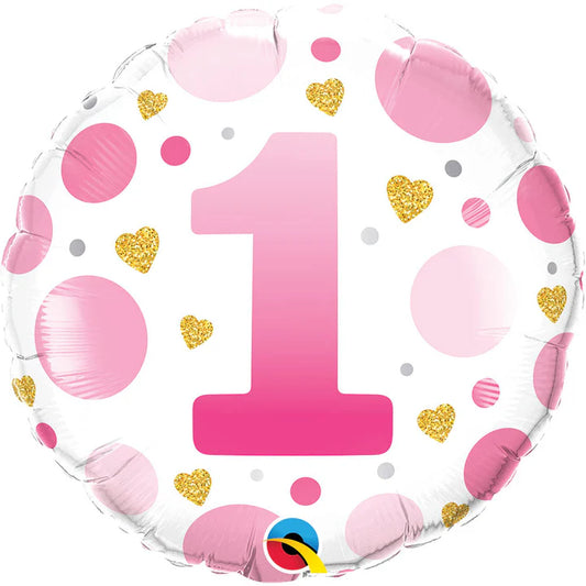 1st Birthday Pink Dots & Gold Hearts Foil Balloon