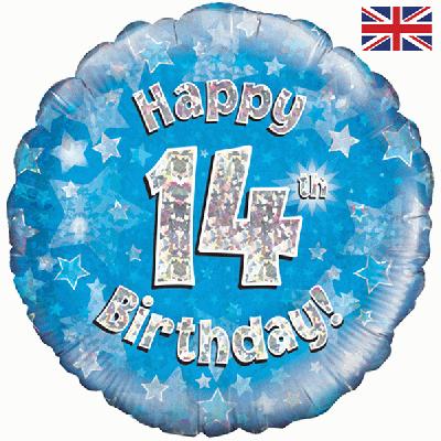 Happy 14th Birthday Blue Holographic Foil Balloon