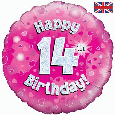 Happy 14th Birthday Pink Holographic Foil Balloon