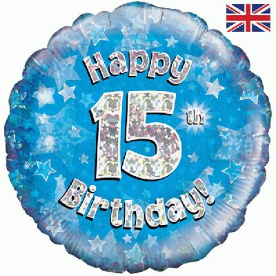 Happy 15th Birthday Blue Holographic Foil Balloon