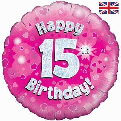 Happy 15th Birthday Pink Holographic Foil Balloon