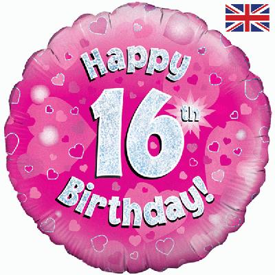 Happy 16th Birthday Pink Holographic Foil Balloon