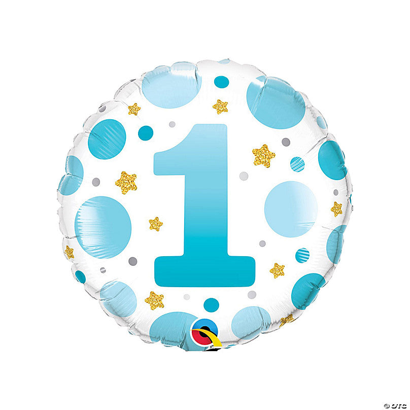 1st Birthday Blue Dots & Gold Stars Foil Balloon