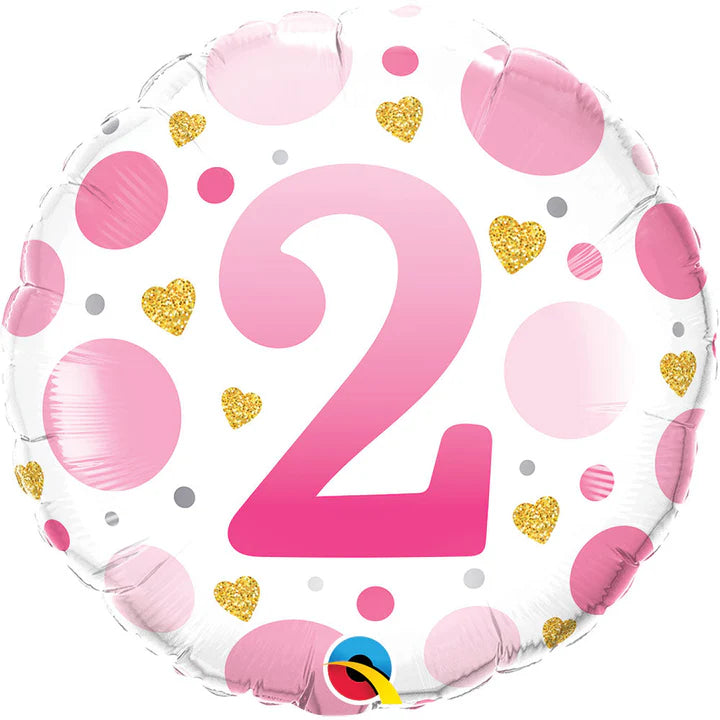 2nd Birthday Pink Dots & Gold Hearts Foil Balloon