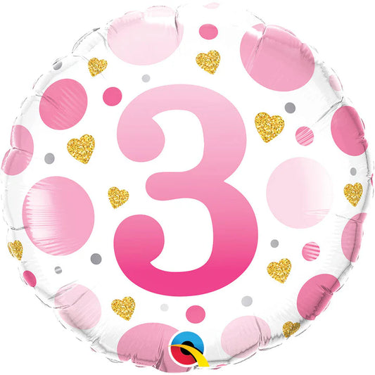 3rd Birthday Pink Dots & Gold Hearts Foil Balloon