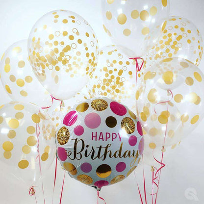 Pink and Gold Dots Happy Birthday Foil Balloon Cluster