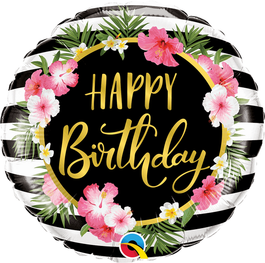 Hibiscus Stripes Happy Birthday Foil Balloon