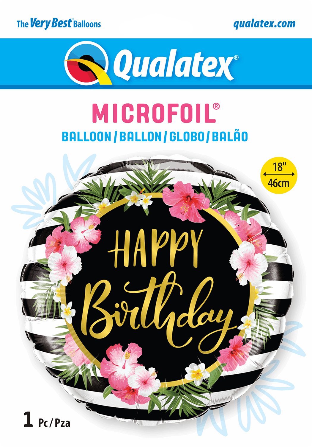 Hibiscus Stripes Happy Birthday Foil Balloon Package
