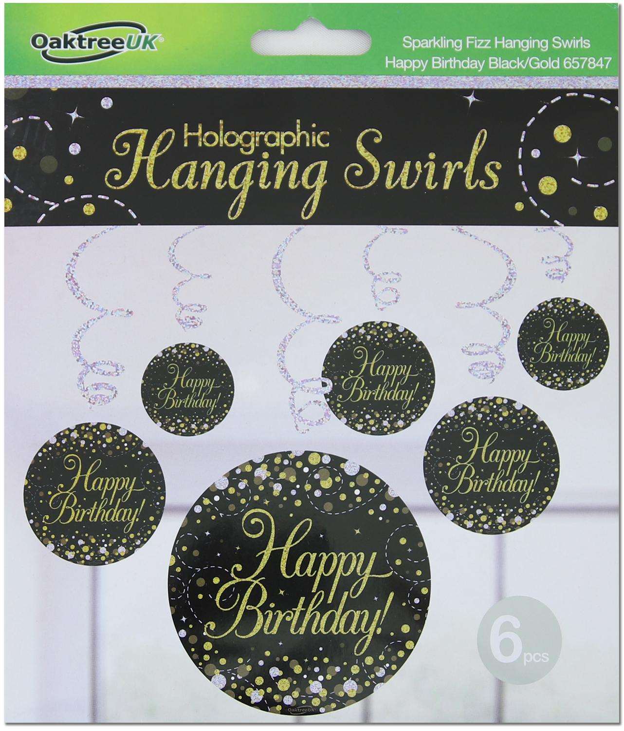 Happy Birthday Holographic Hanging Black Swirls 6pcs