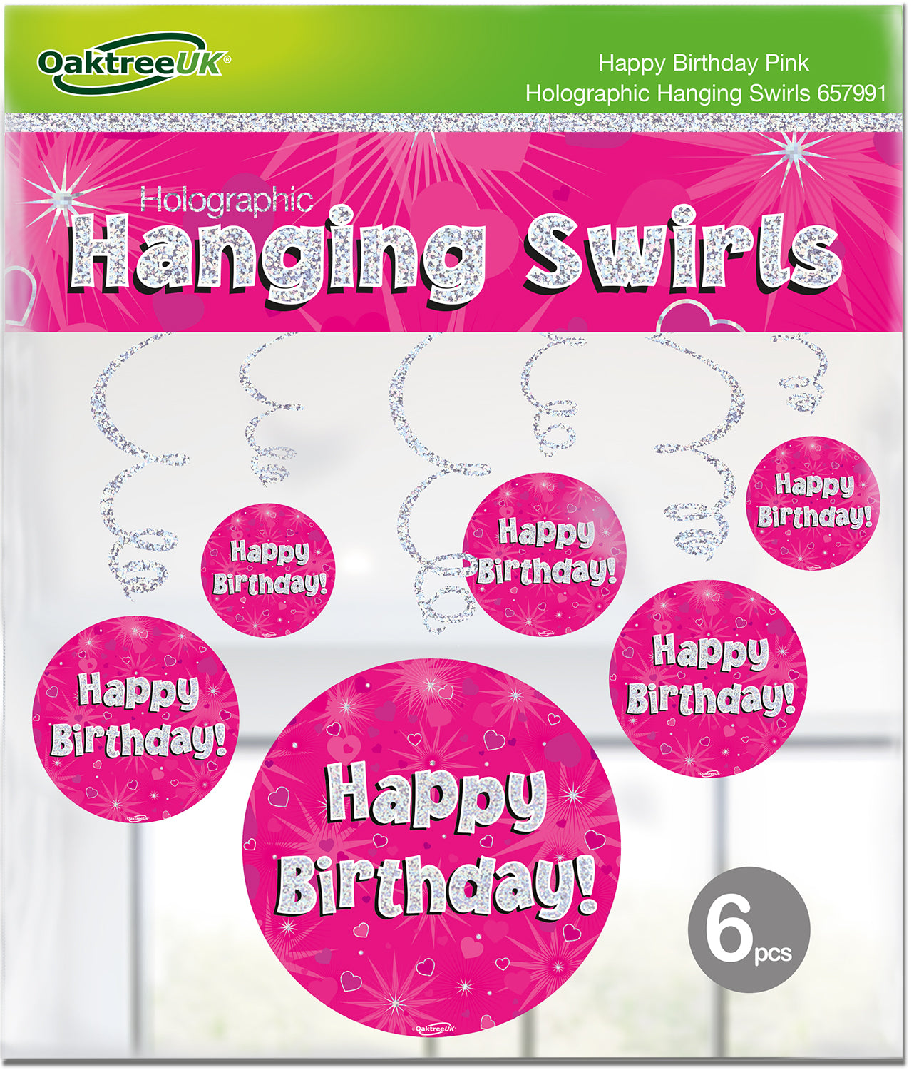 Happy Birthday Holographic Pink Hanging Swirls 6pcs