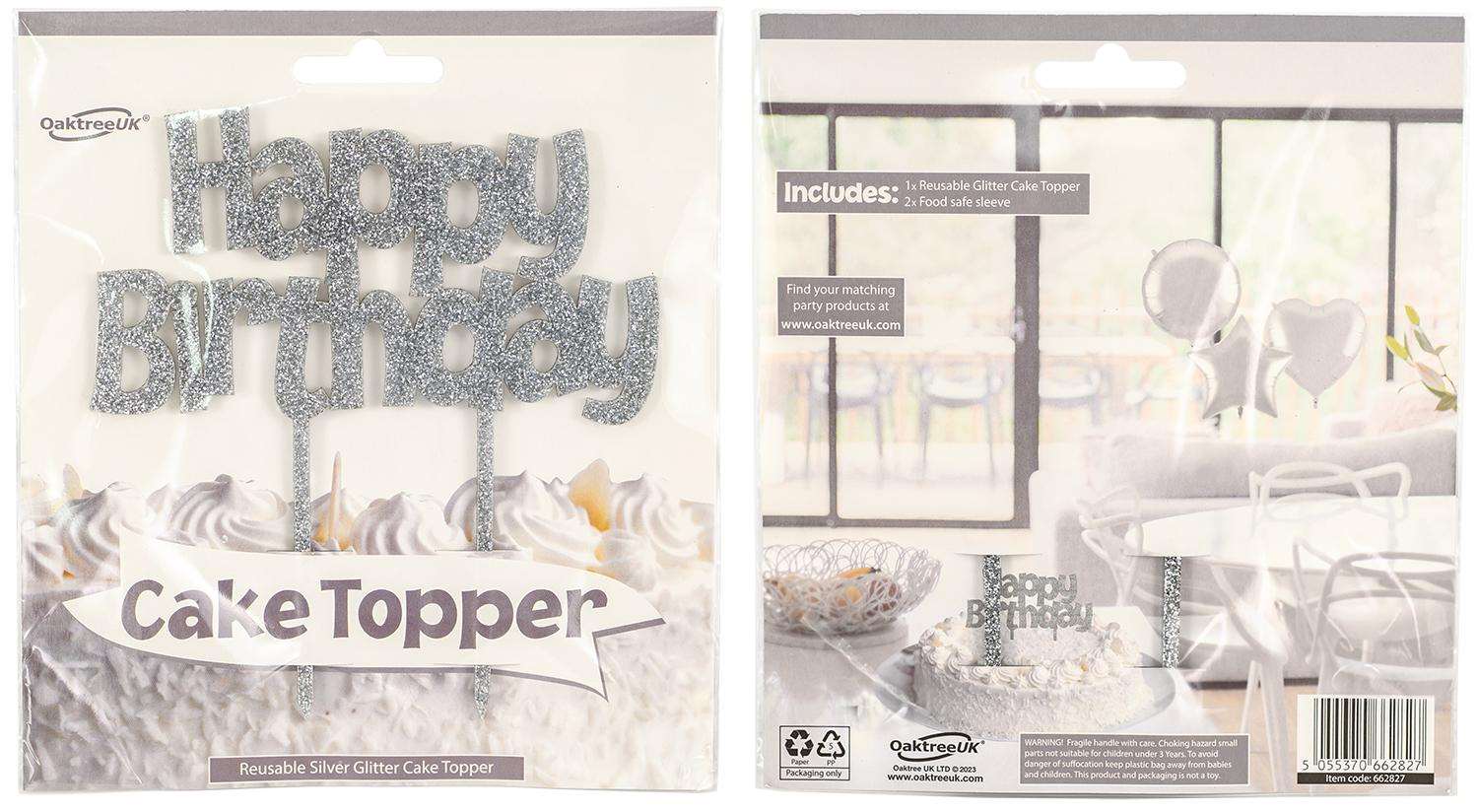 Acrylic Sparkling Fizz Silver Cake Topper Happy Birthday