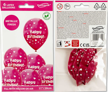 Latex Balloons Hearts Fuchsia Pink Happy Birthday Pack