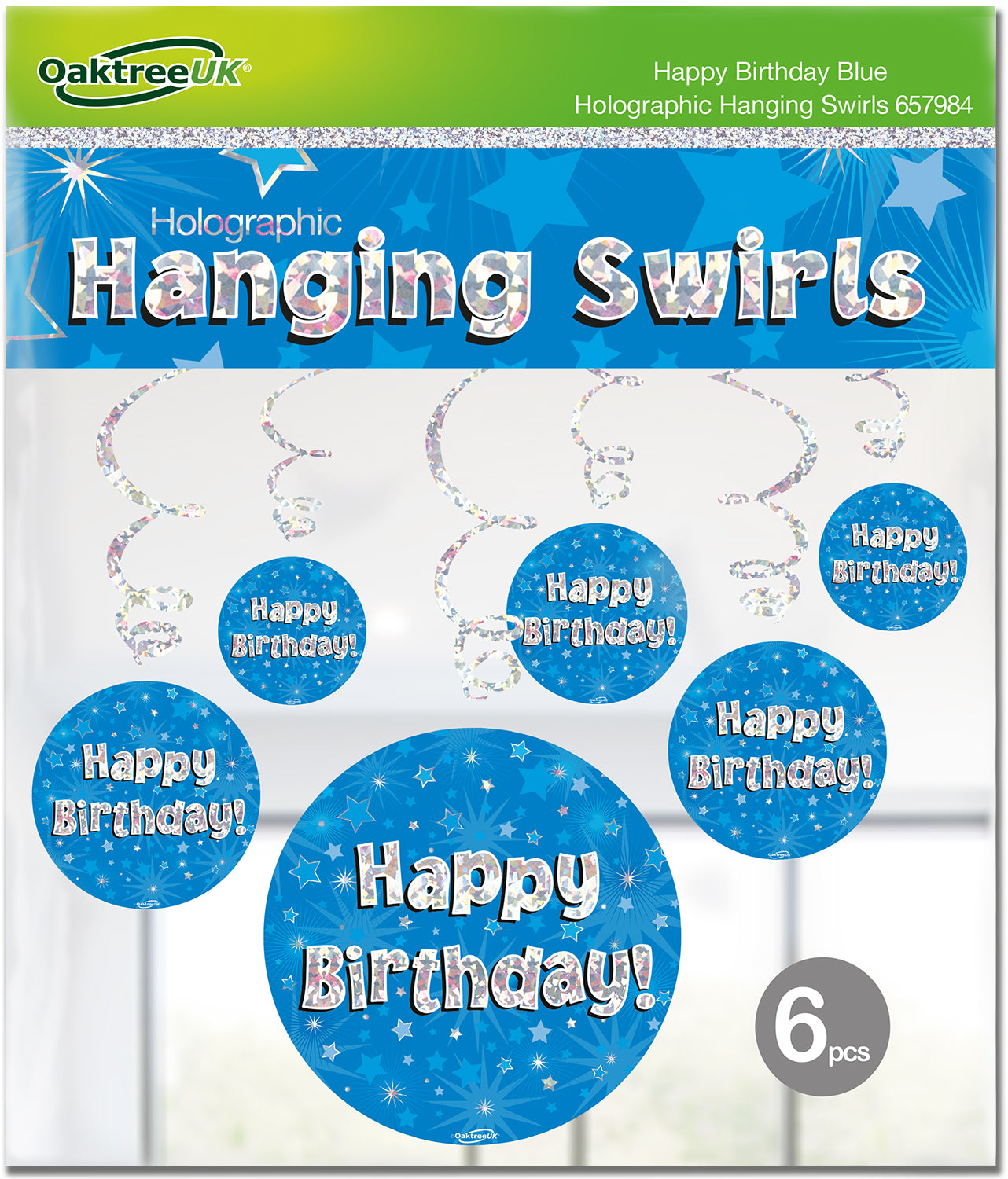 Happy Birthday Holographic Blue Hanging Swirls 6pcs 