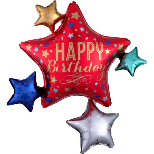 Happy Birthday Satin Star Cluster Foil Balloon