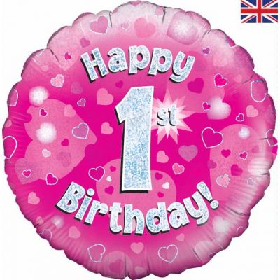 Happy 1st Birthday Pink Holographic Foil Balloon