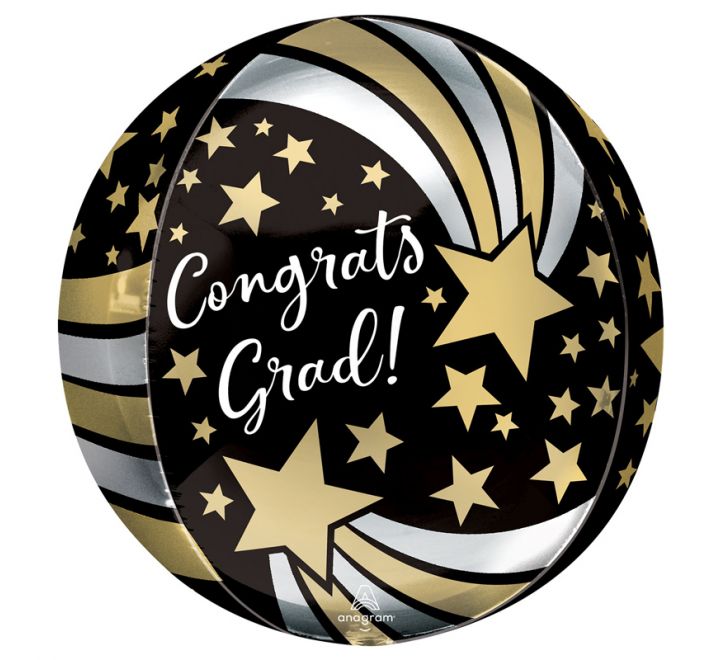 Black, Gold And Silver Congrats Grad Shooting Stars Orbz Balloon